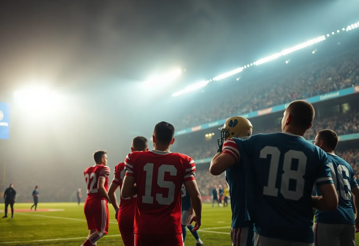 A football game action scene featuring players on the field during a tense moment.