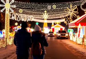 Illuminated drive-thru display at Christmas Nights of Lights