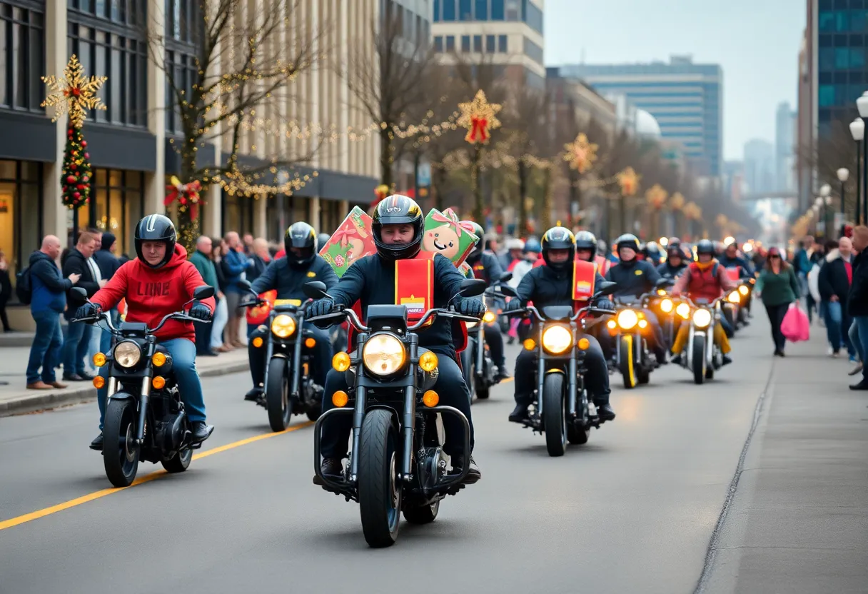 Participants of the Circle City Toy Run motorcycle ride with toys in their hands.