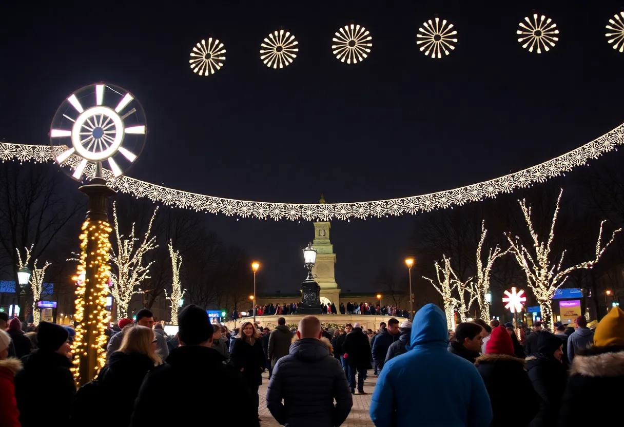 Crowd at the Circle of Lights event in Indianapolis, decorated with holiday lights.