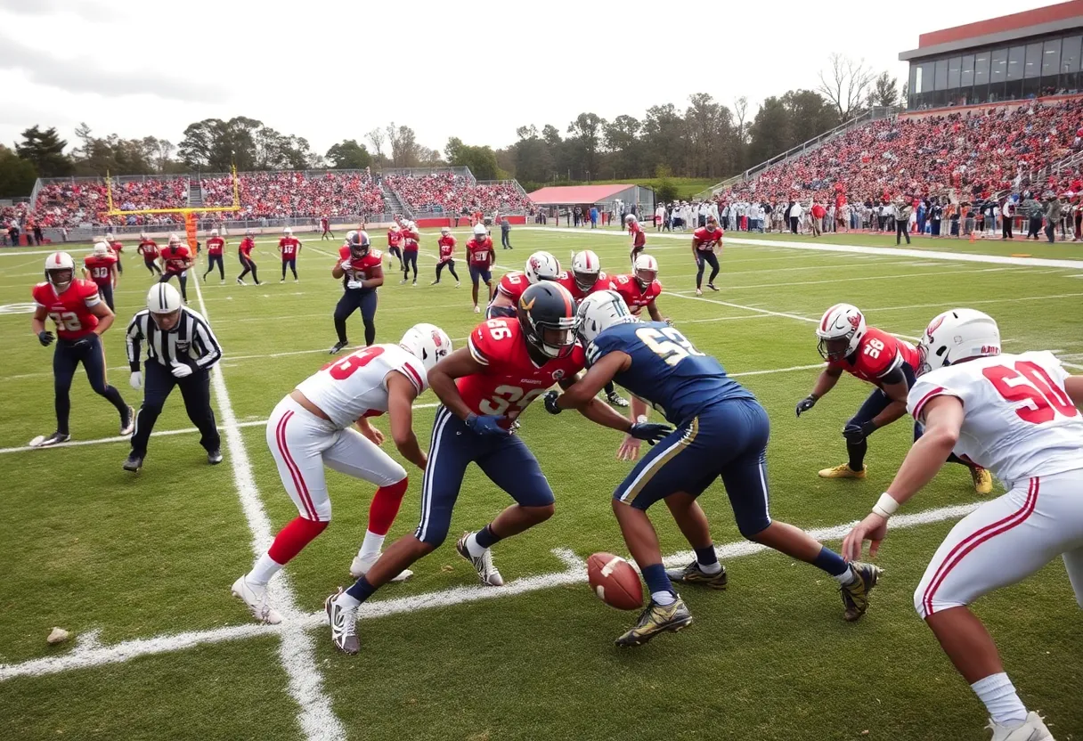 Football game action on the field with players competing.