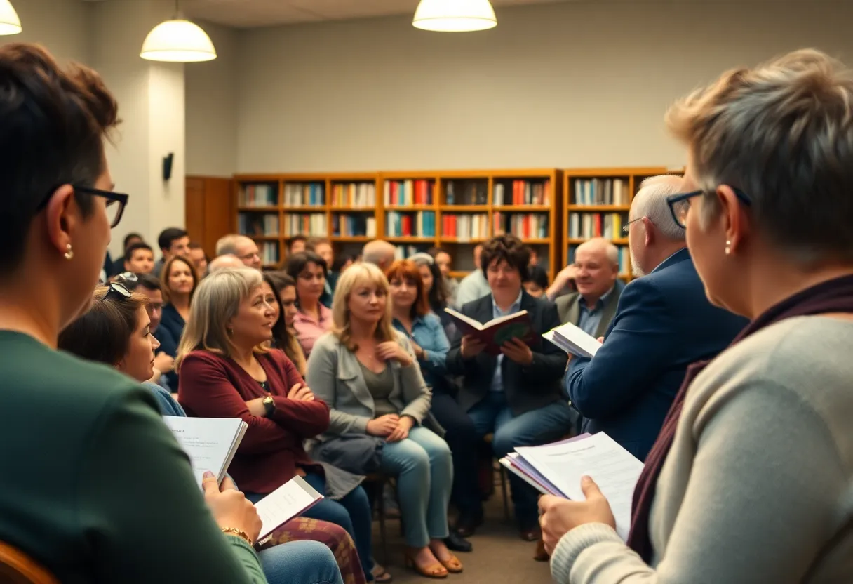Community members attending a poetry reading at the library in Columbus, Indiana.