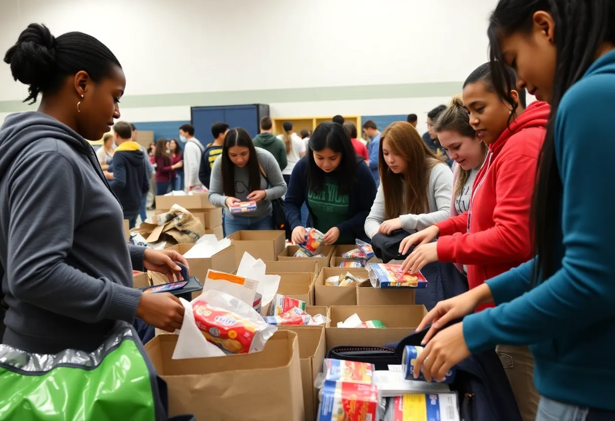 Volunteers pack backpacks for students in need at a community event.