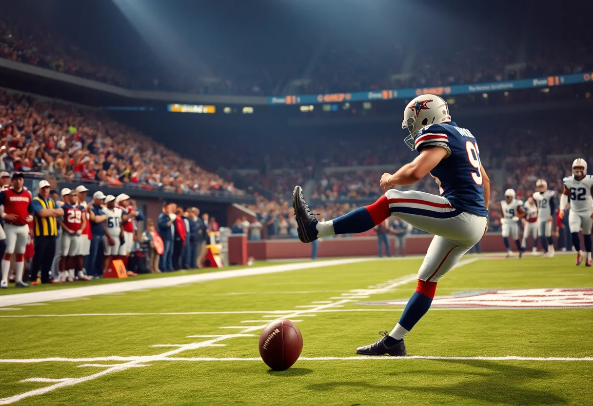 Dallas Cowboys player kicking the game-winning field goal with fans cheering.