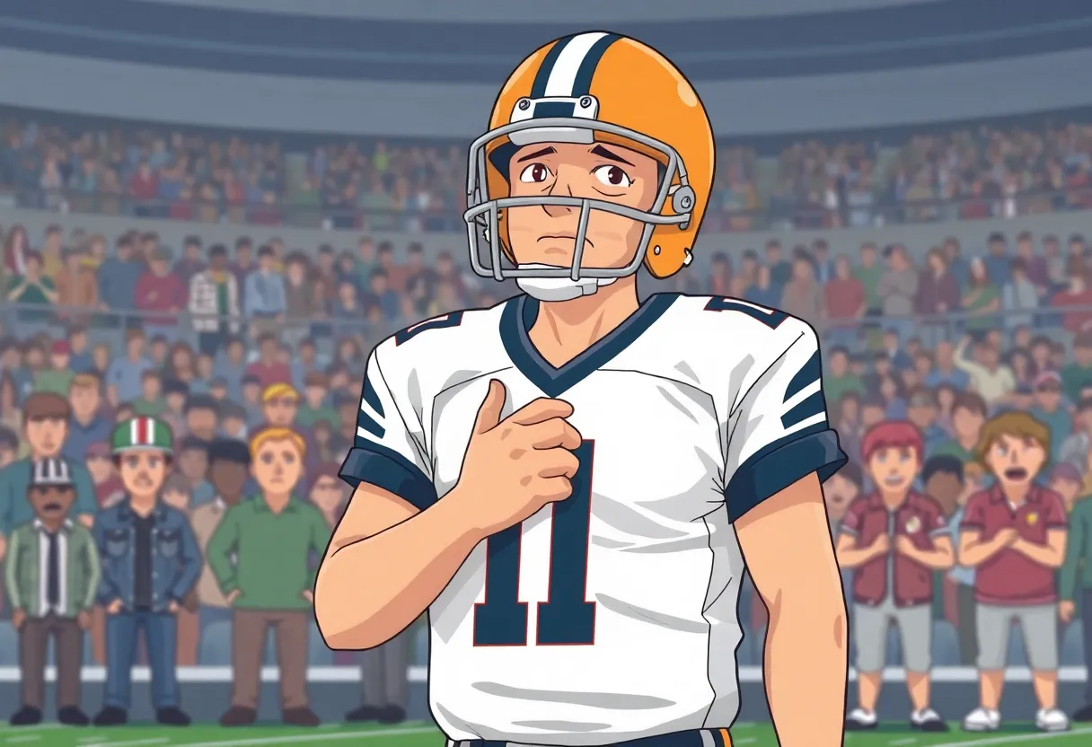 Quarterback in a stadium showing signs of struggle during a game