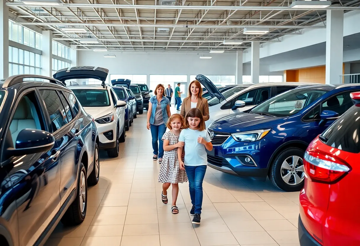 A variety of family-centric vehicles on display at an automobile dealership