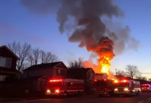 Emergency responders fighting a fire in a residential area