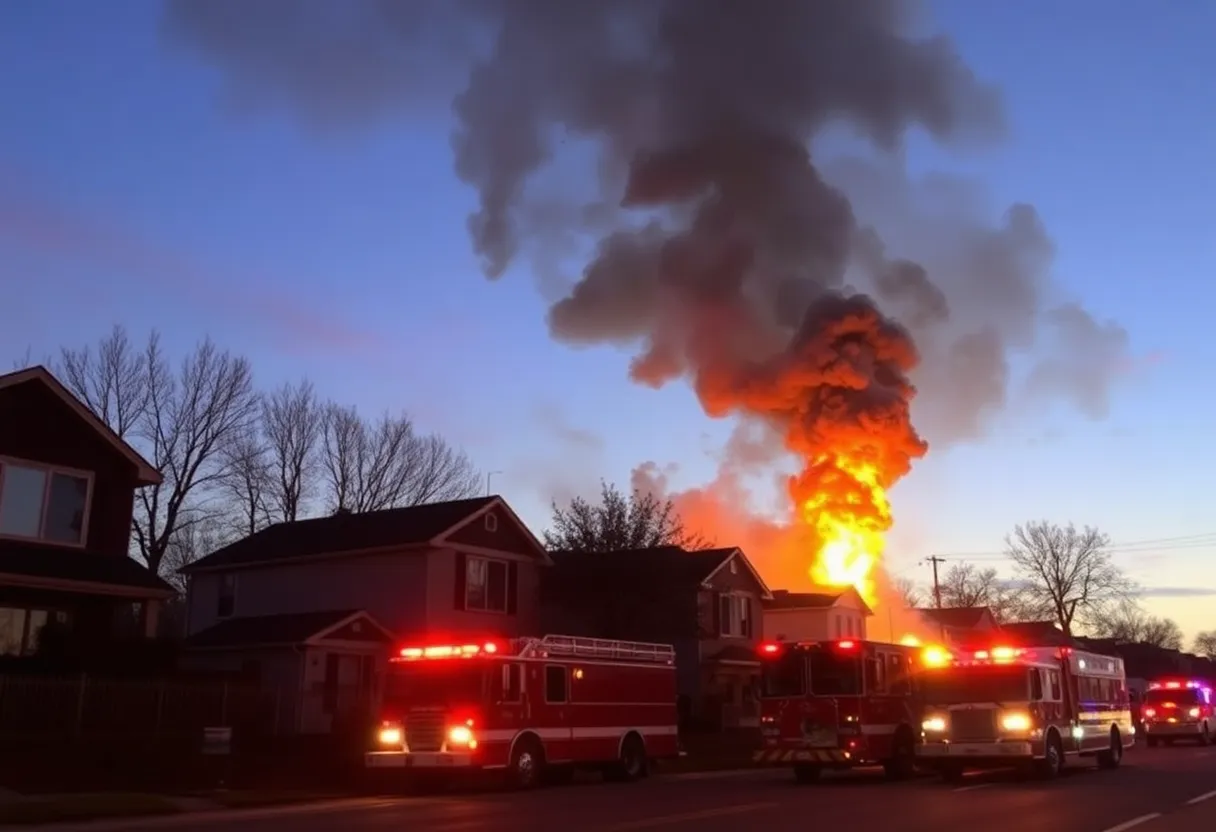 Emergency responders fighting a fire in a residential area