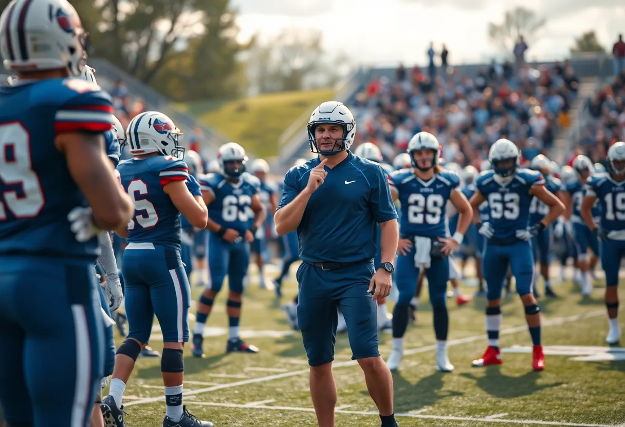 Team huddling during a tense football game