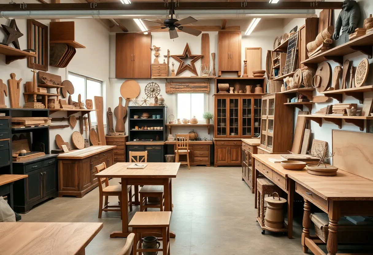 Showroom with various custom woodwork pieces