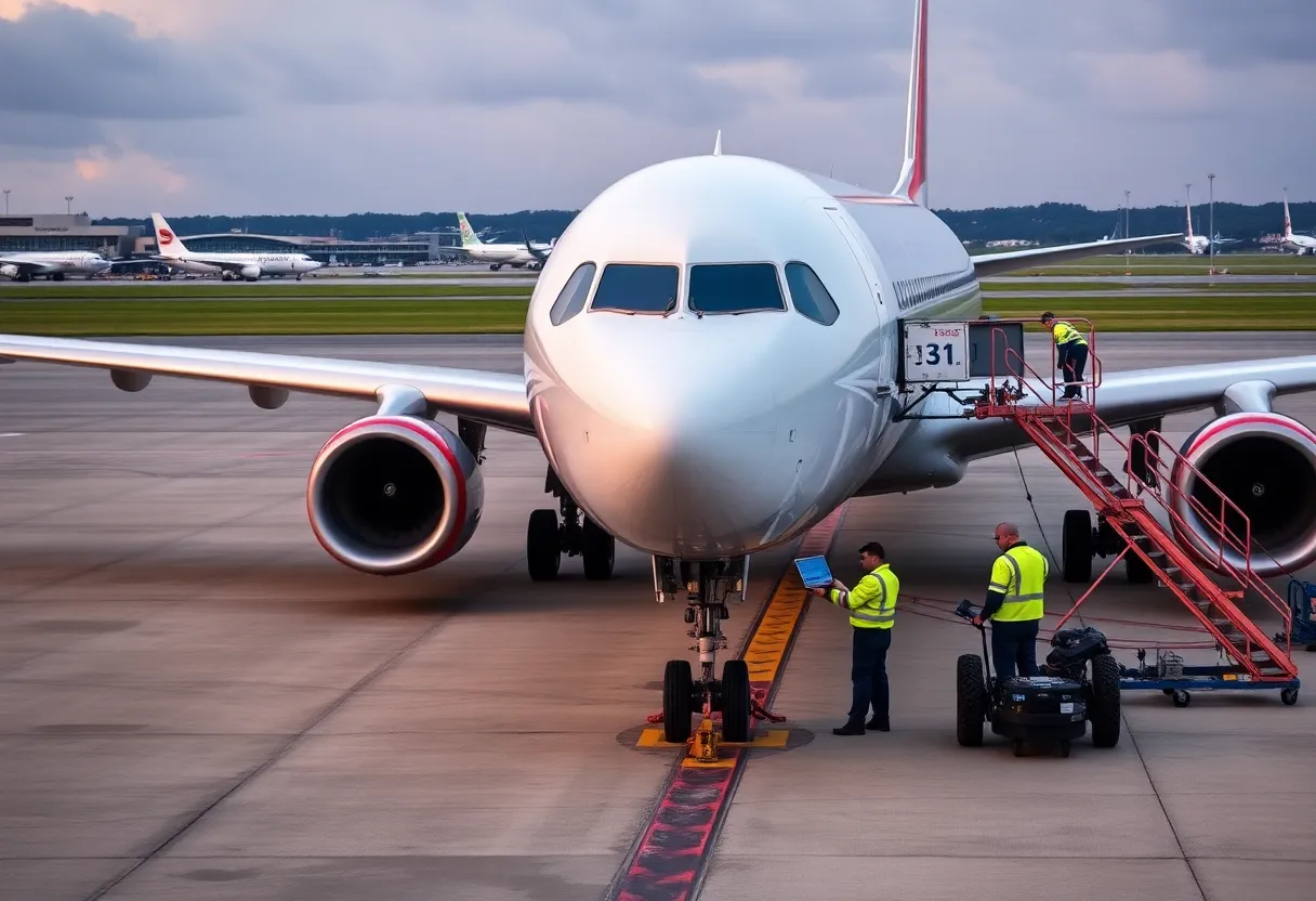 Technicians working on Airbus A320 aircraft on the runway