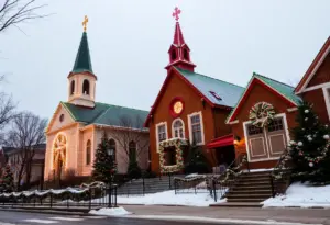 Festively decorated historic churches in Indianapolis during the holiday season.