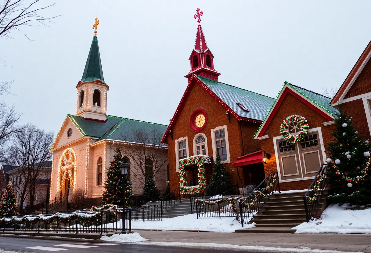 Festively decorated historic churches in Indianapolis during the holiday season.