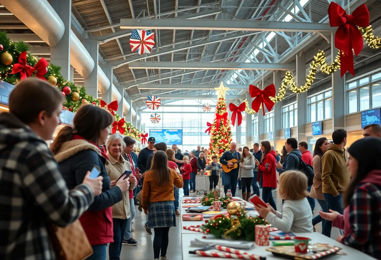 Families celebrating at the Holly Jolly Jetway event at the airport.