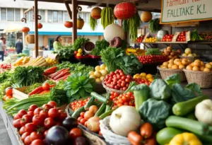 Vibrant market scene with fresh produce highlighting the Hoosier Boy brand