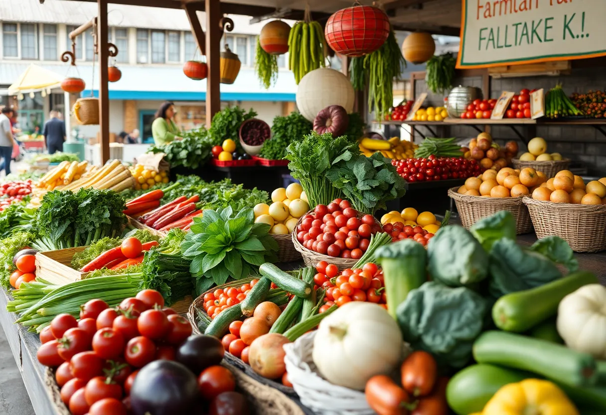 Vibrant market scene with fresh produce highlighting the Hoosier Boy brand