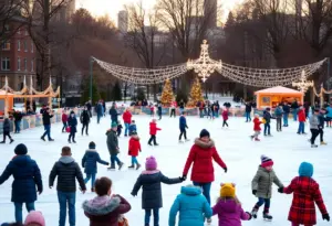 Outdoor ice skating at Holliday Park in Indianapolis with families enjoying the winter season.