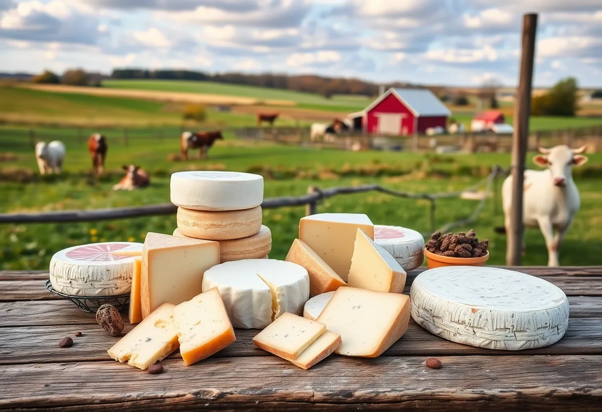 A selection of Indiana cheeses displayed on a wooden table