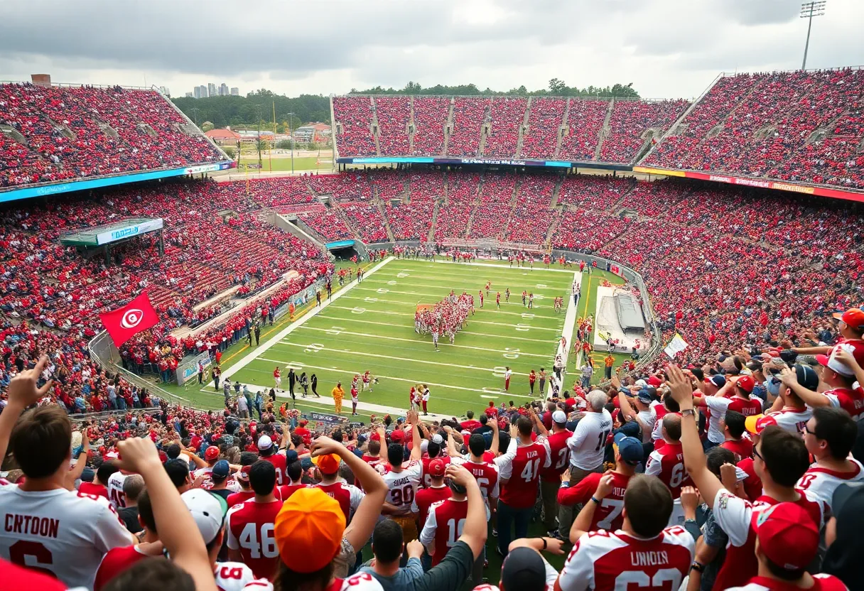 Fans celebrating a major Indiana Hoosiers victory at a football game.