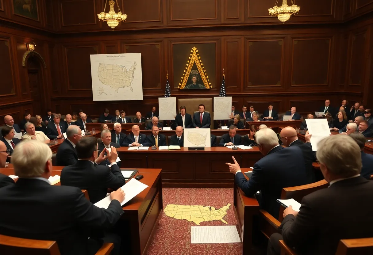 Senators discussing redistricting in the Indiana Senate.