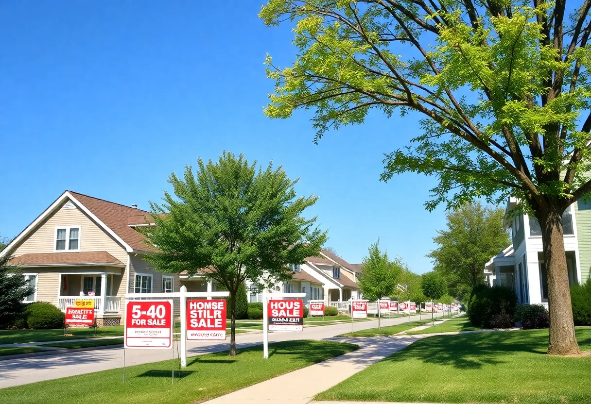A row of houses for sale in Indiana with for sale signs