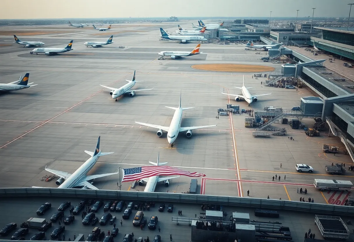 Aerial view of Indianapolis International Airport with busy terminal and planes.