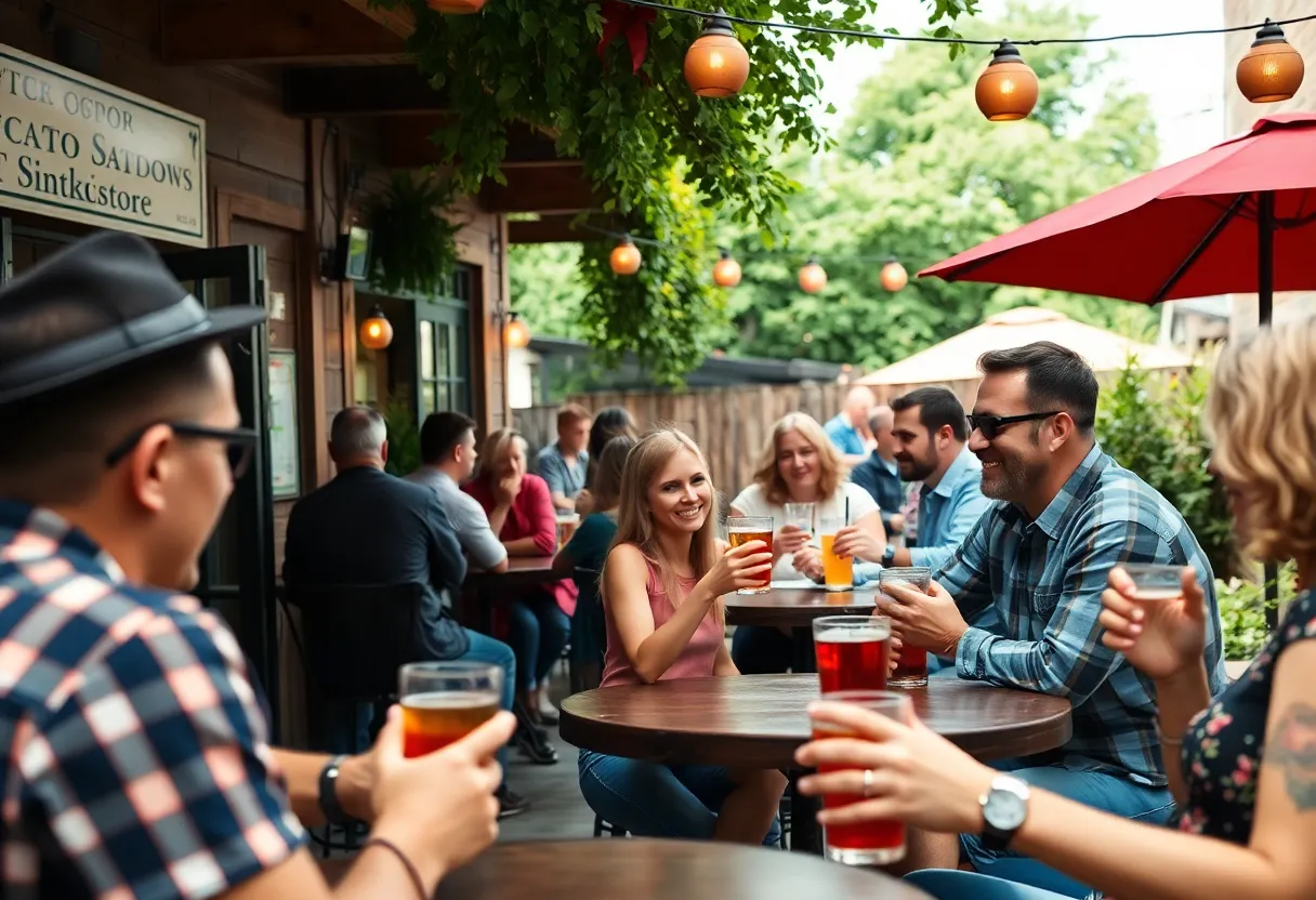 Patrons enjoying drinks in a designated outdoor refreshment area
