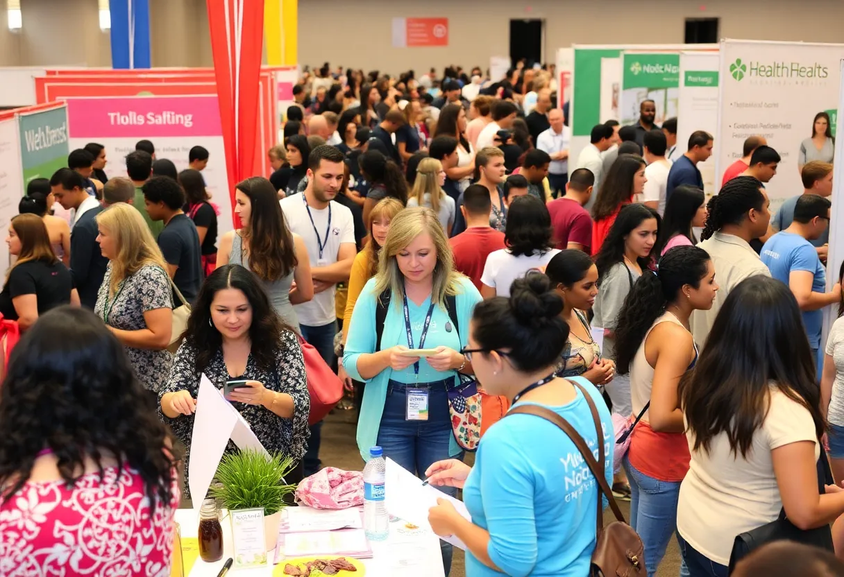 A crowd at a health expo in Indianapolis engaging in various activities.