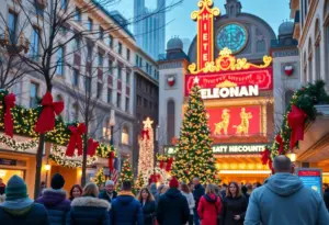 People celebrating the holiday season in downtown Indianapolis with festive decorations.