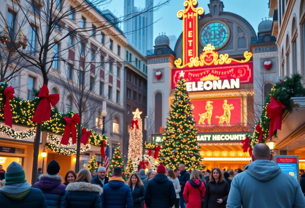 People celebrating the holiday season in downtown Indianapolis with festive decorations.