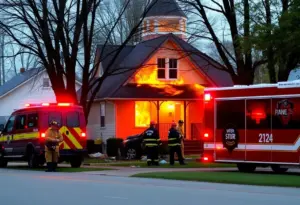 Firefighters responding to a house fire in Indianapolis, tragic scene with emergency personnel at work.