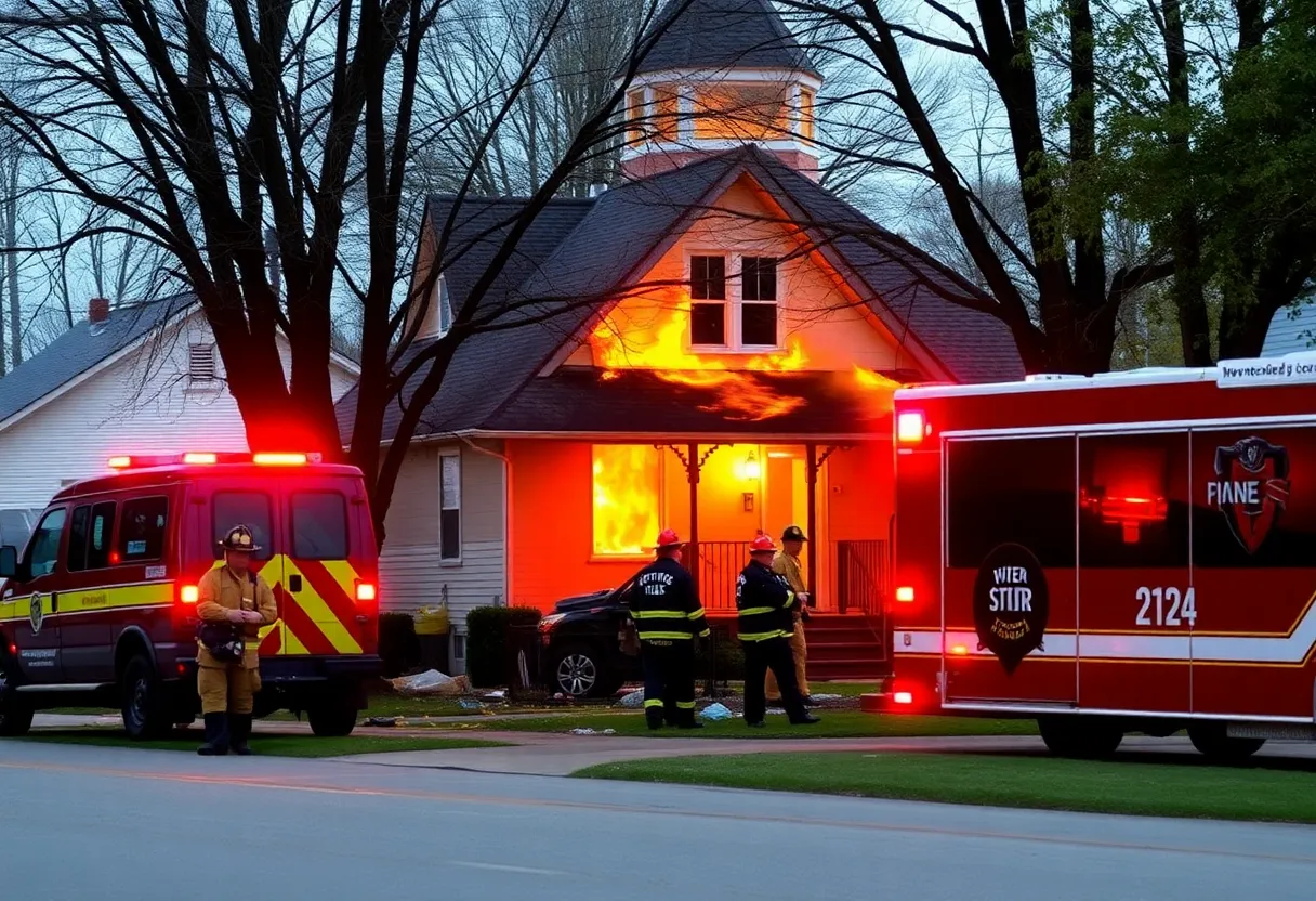 Firefighters responding to a house fire in Indianapolis, tragic scene with emergency personnel at work.