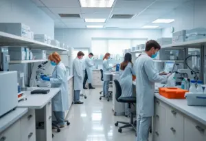 Medical laboratory environment with staff conducting tests.
