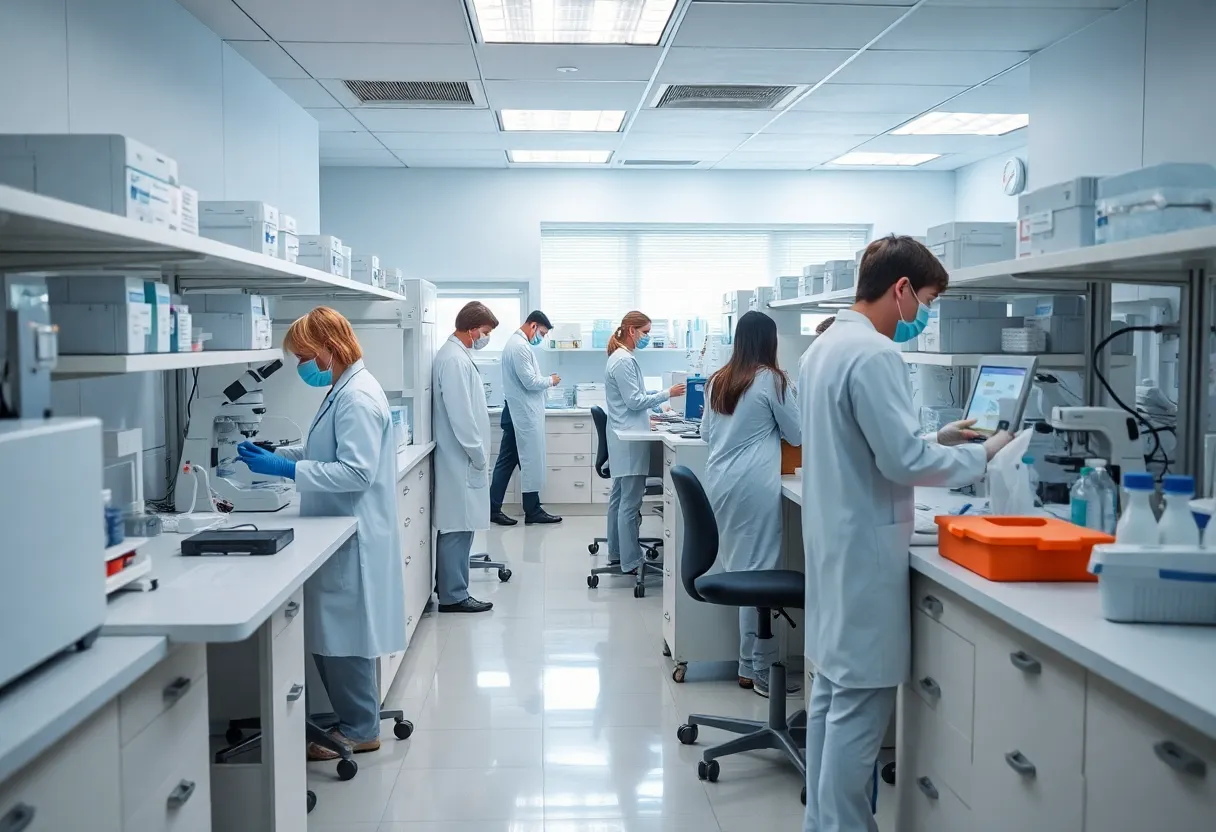 Medical laboratory environment with staff conducting tests.