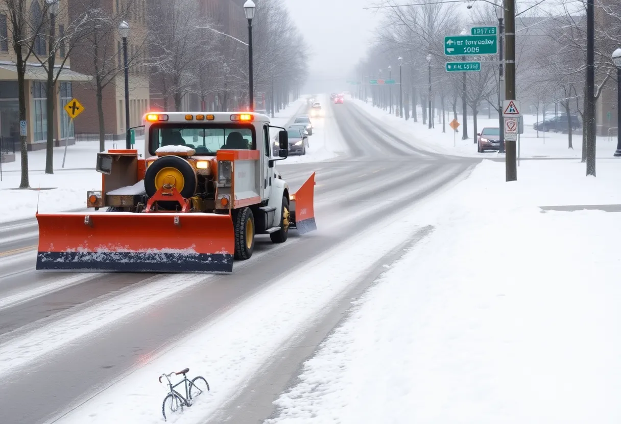 Snow plow clearing an Indianapolis street during winter