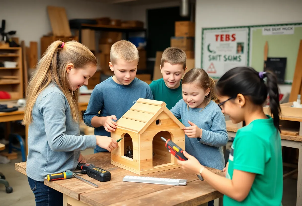 Students from William Penn Middle School constructing doghouses during a STEM project.