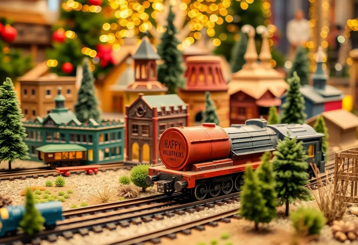A beautiful model railroad display at Eiteljorg Museum featuring holiday themes and miniature landmarks.