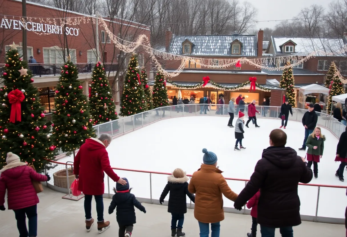 Families enjoying holiday festivities in Lawrenceburg with ice skating and decorated trees.