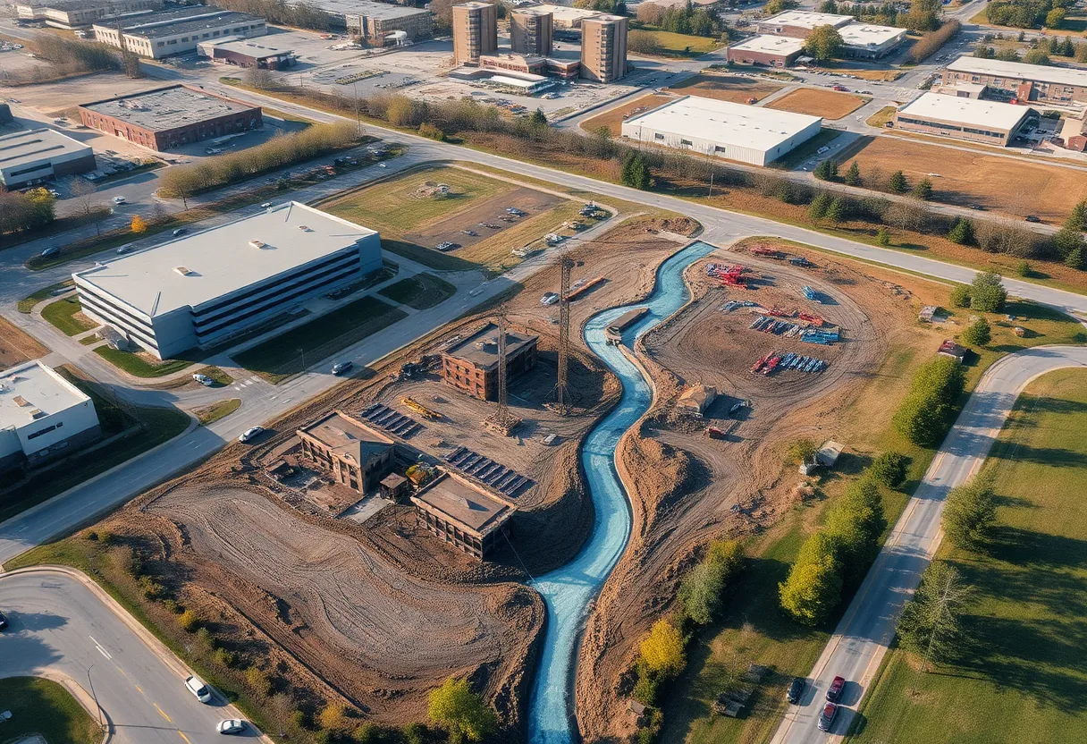 High-tech business park with construction for water infrastructure in Indianapolis