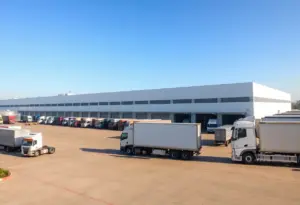 Logistics distribution center with operational trucks and modern buildings
