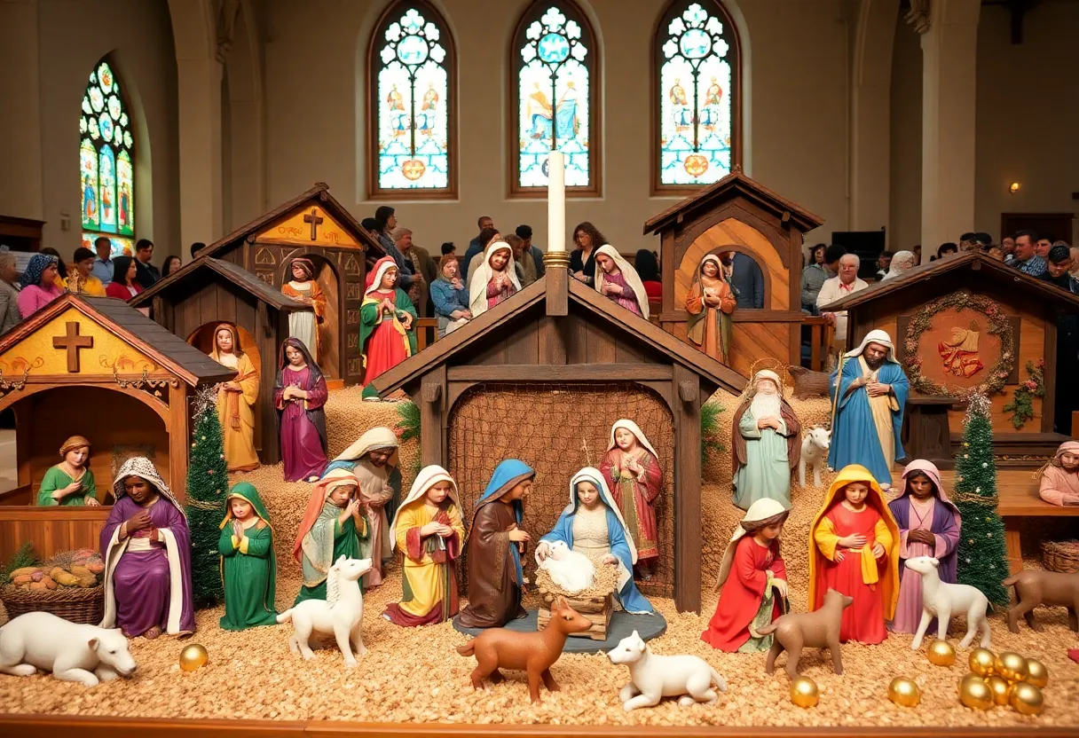 Diverse nativity scenes on display at a church exhibition