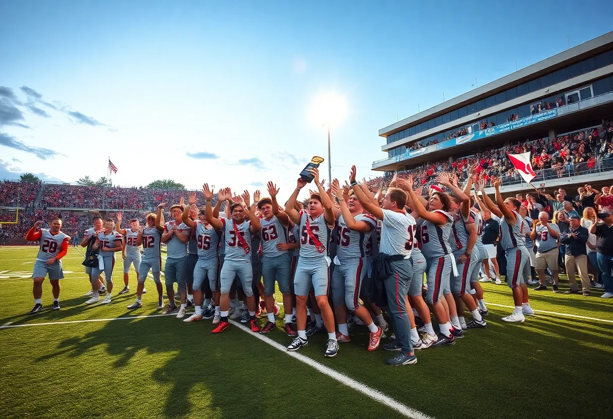 New Palestine Dragons football team celebrating their state championship victory