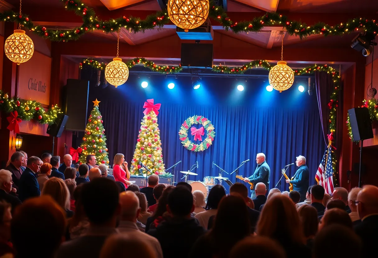 Crowd enjoying Old Crow Medicine Show concert with festive decorations