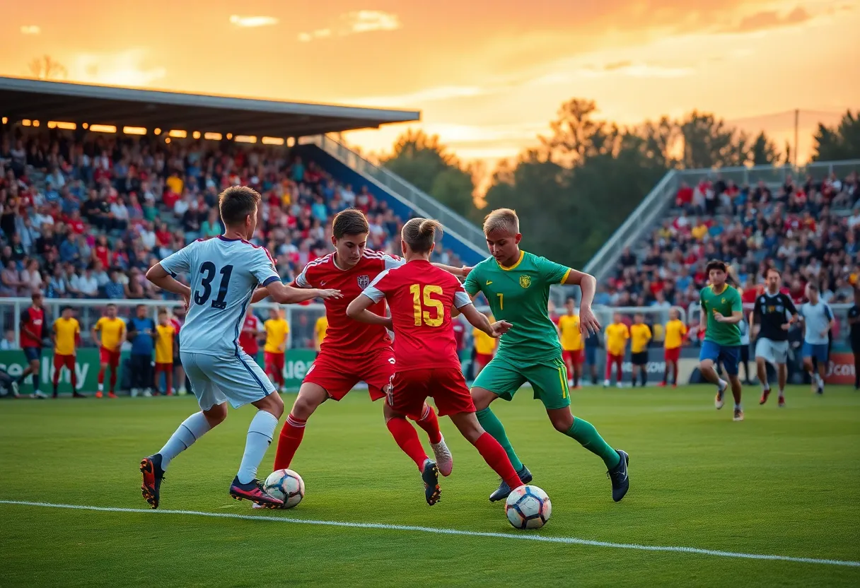 Soccer match with players in action and a cheering crowd