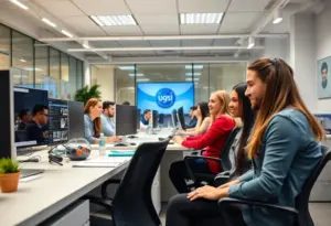 Employees collaborating in a bright office space at Penske Entertainment.