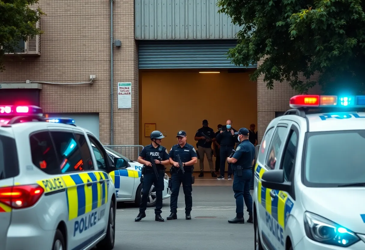 Police vehicles and officers responding to a shooting incident outside a warehouse in Franklin, Indiana.