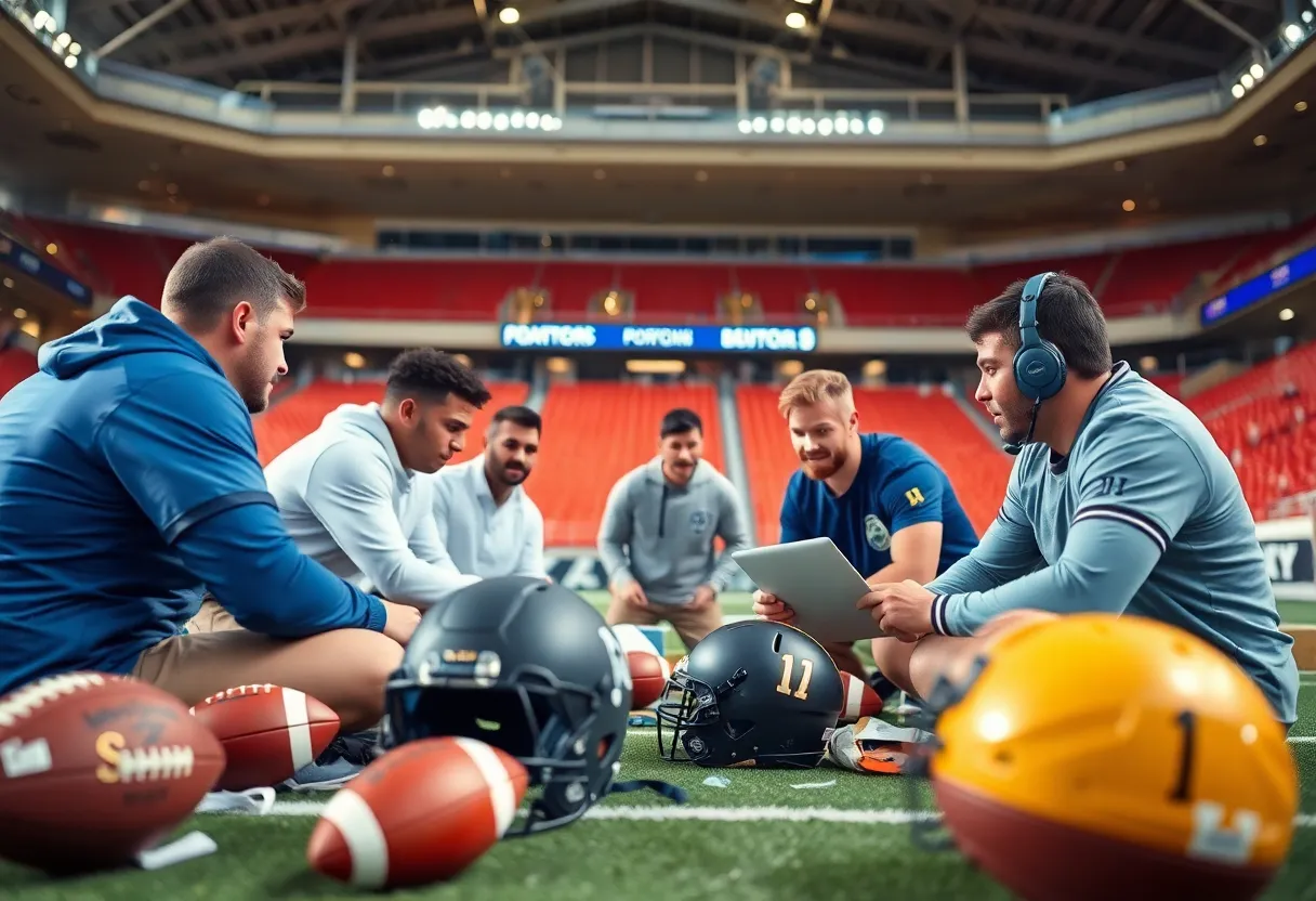 Football team strategizing for the NFL draft with gear and stadium in the background