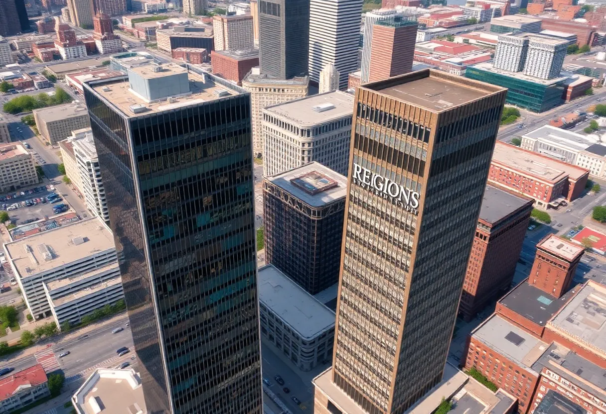 Aerial view of the Regions Tower and Landmark Center in downtown Indianapolis.