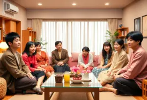 Set design of Rental Family film showcasing actors in a Japanese family environment