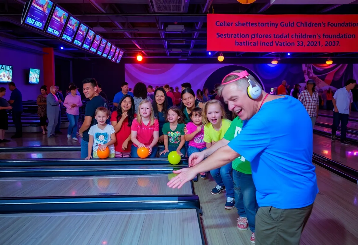 Guests enjoying the Rev n Roll charity bowling event in Indianapolis, supporting children’s foundation.